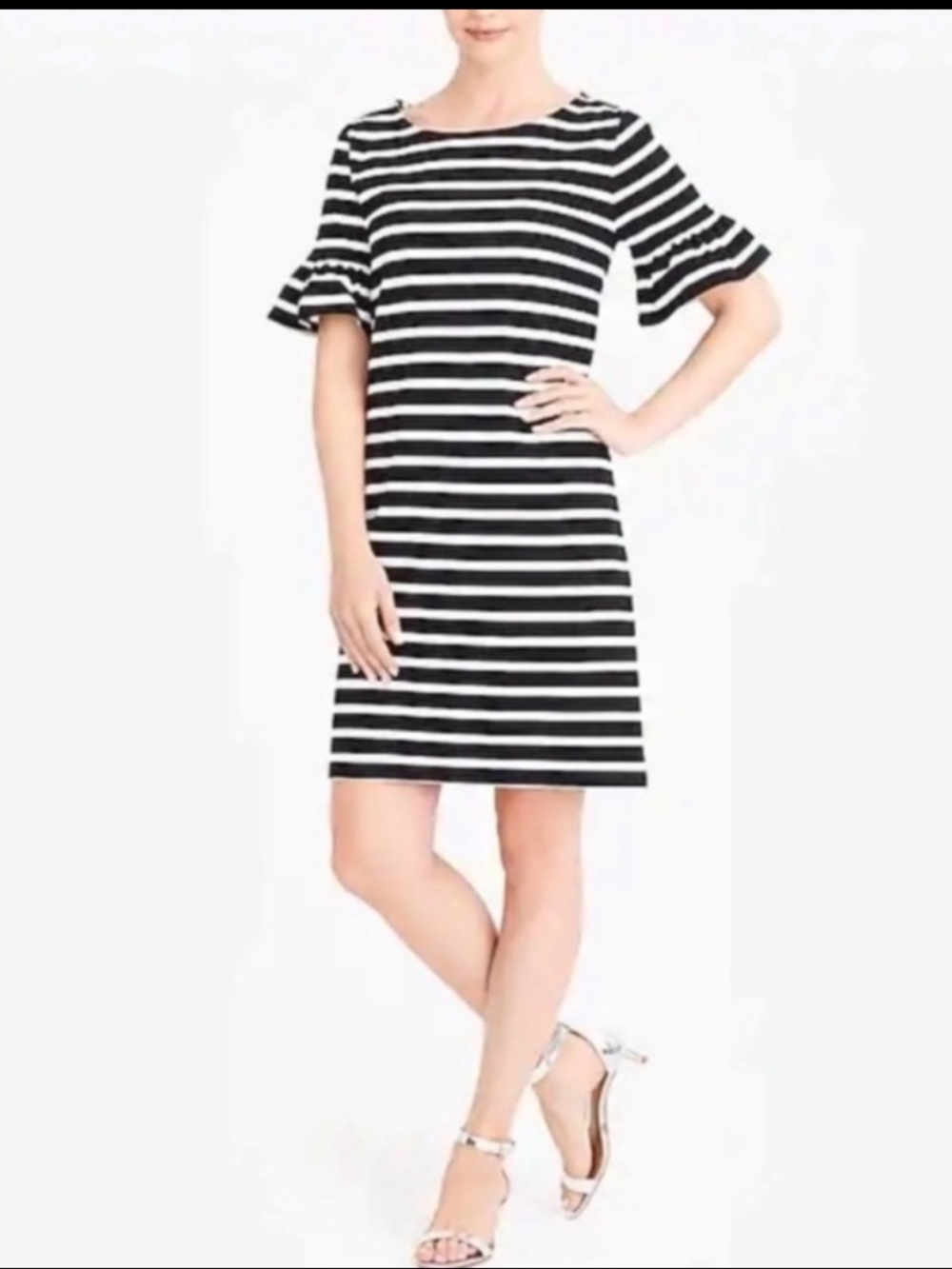 J.Crew Black White Stripe Ruffle Sleeve Shift Dress